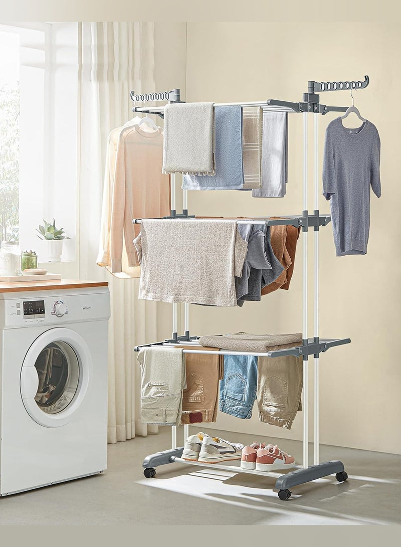 MARGOUN حامل تجفيف الملابس، 4 طبقات كبيرة قابلة للطي، حامل هواء داخلي وخارجي قابل للسحب مع أجنحة قابلة للطي وعجلات قابلة للقفل / لون فضي أزرق - Image 1